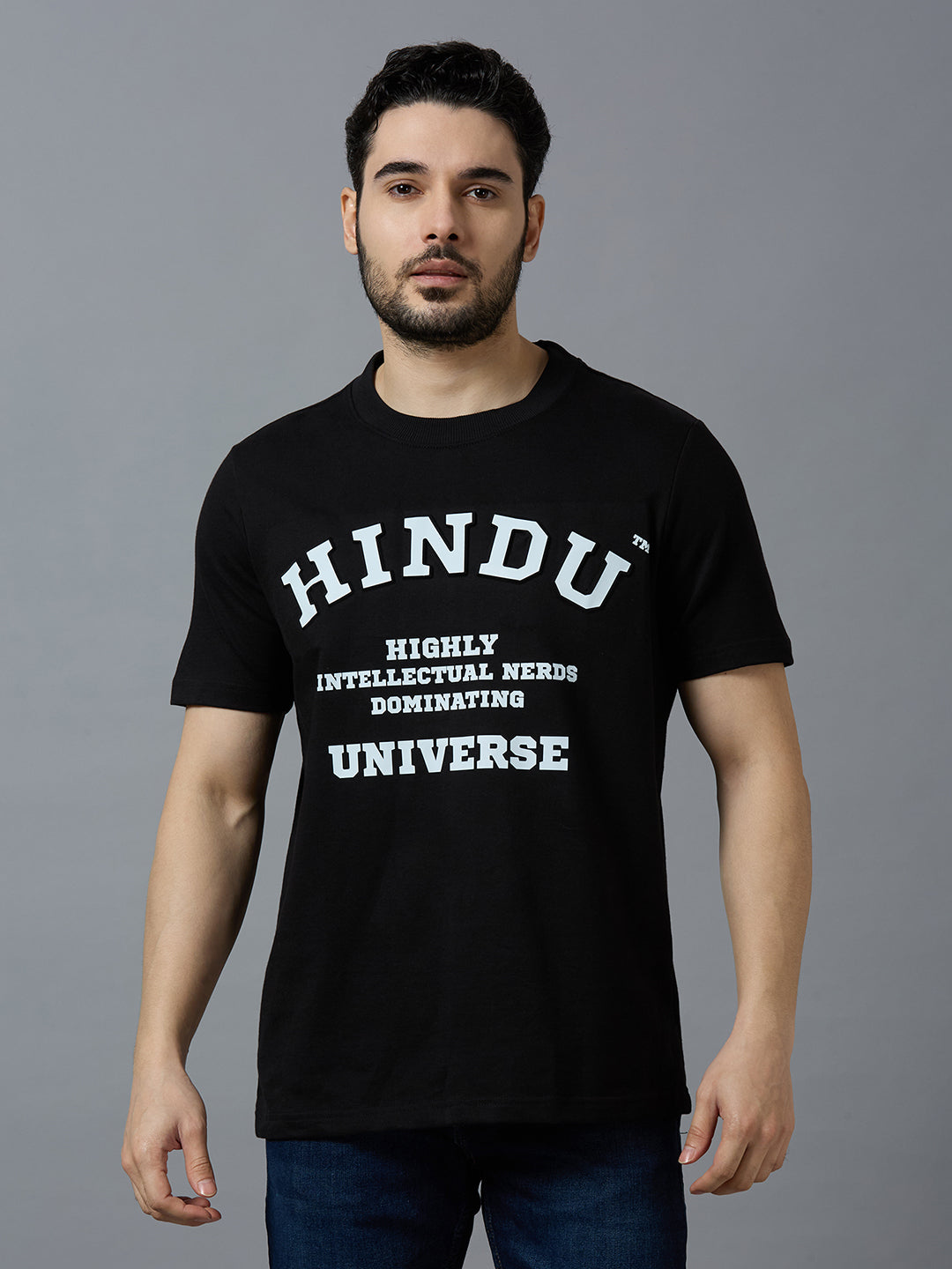 BLACK RIBNECK PUFFED PRINT HINDU UNIVERSE CONTEMPORARY STYLE