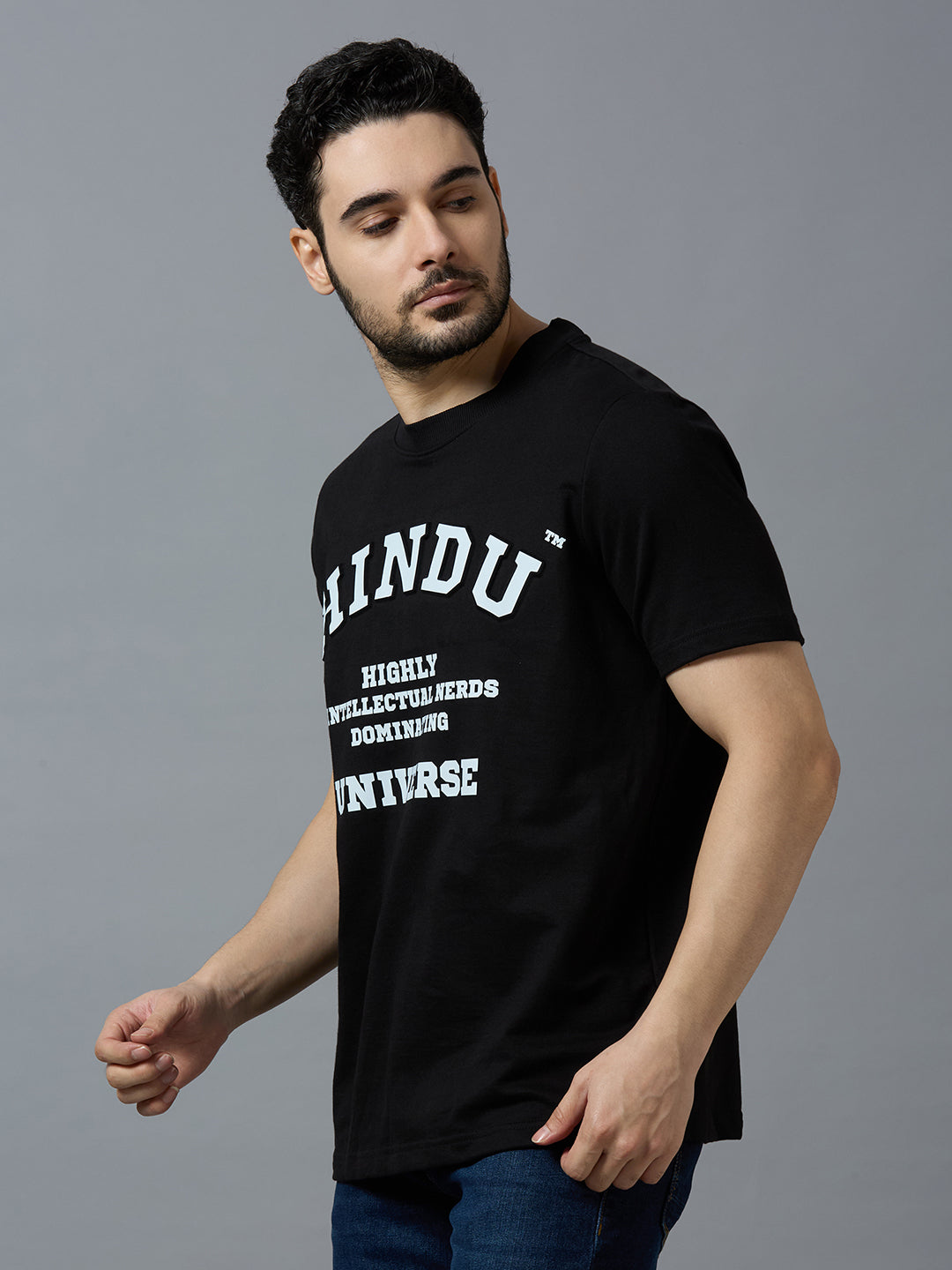 BLACK RIBNECK PUFFED PRINT HINDU UNIVERSE CONTEMPORARY STYLE