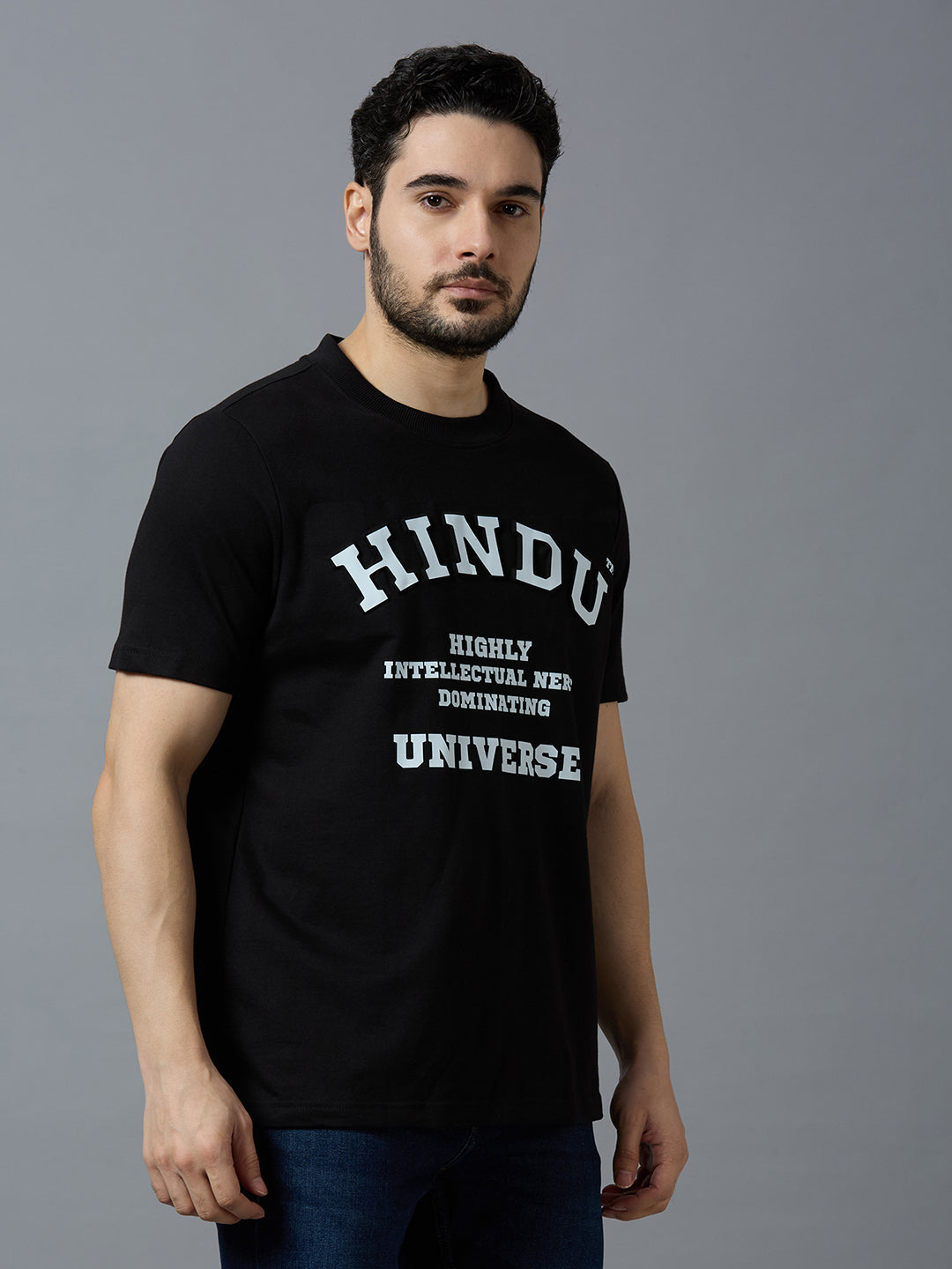BLACK RIBNECK PUFFED PRINT HINDU UNIVERSE CONTEMPORARY STYLE