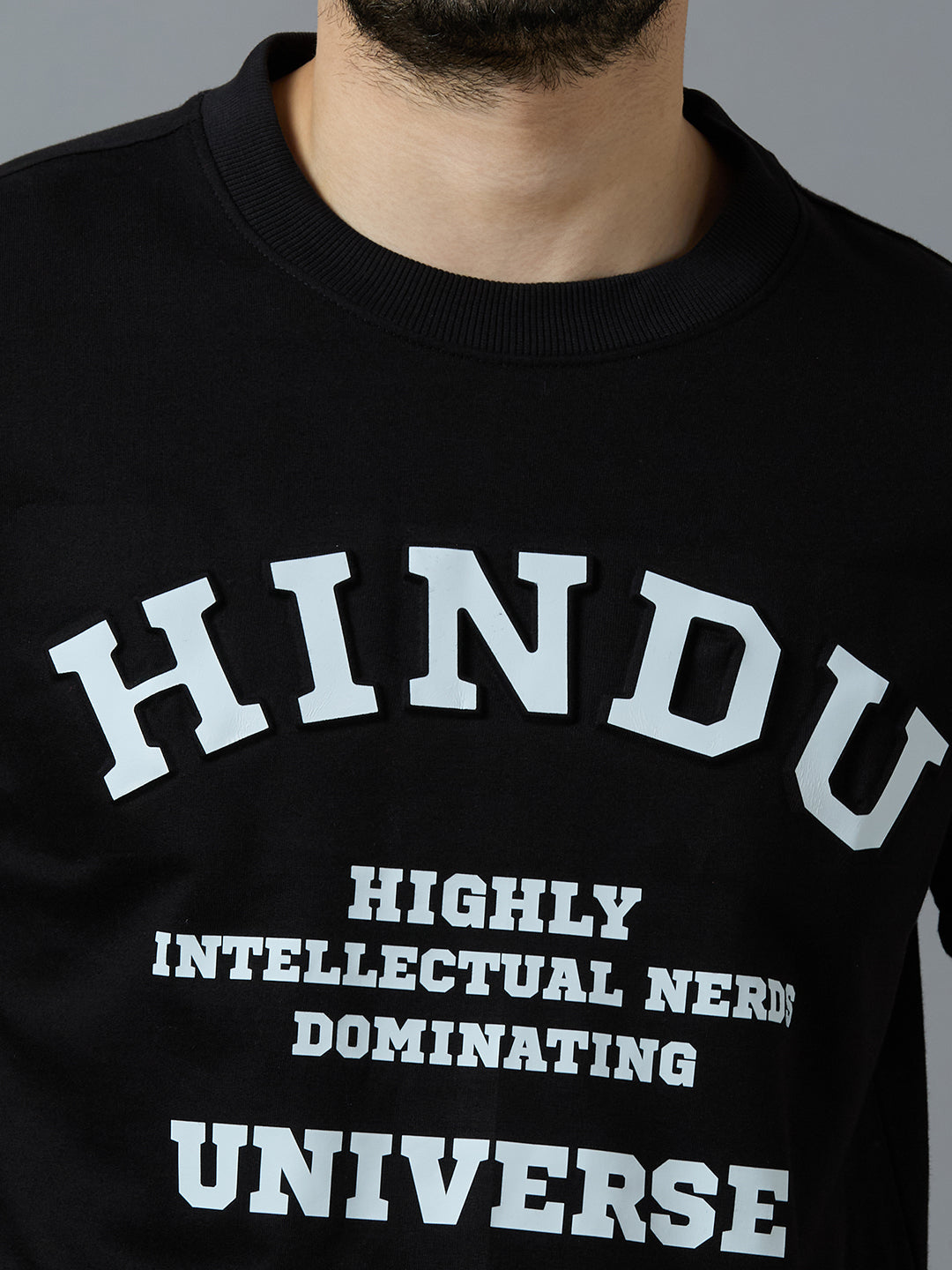 BLACK RIBNECK PUFFED PRINT HINDU UNIVERSE CONTEMPORARY STYLE