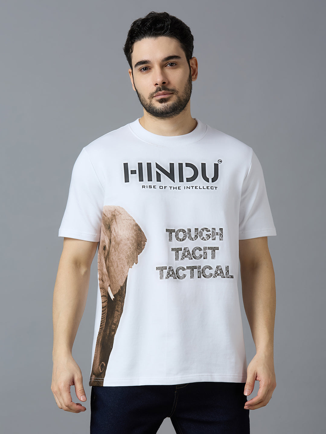 HD ANIMAL PRINT WHITE RIBNECK TSHIRT BLACK ELEPHANT