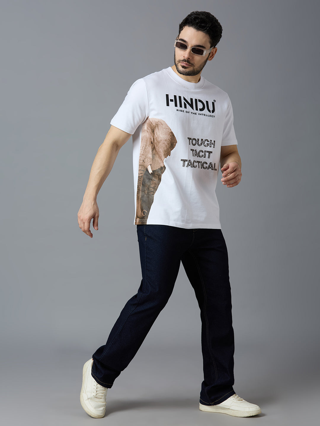 HD ANIMAL PRINT WHITE RIBNECK TSHIRT BLACK ELEPHANT