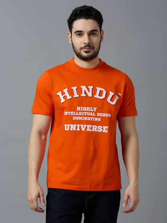 ORANGE RIBNECK PUFFED PRINT HINDU UNIVERSE CONTEMPORARY STYLE