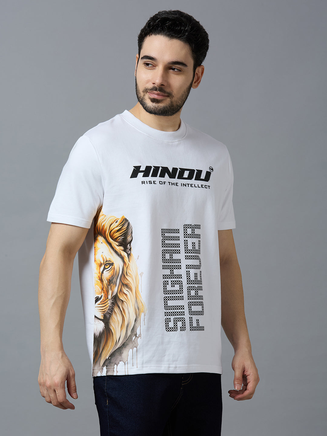 HD WHITE ANIMAL PRINT RIBNECK TSHIRT YELLOW LION