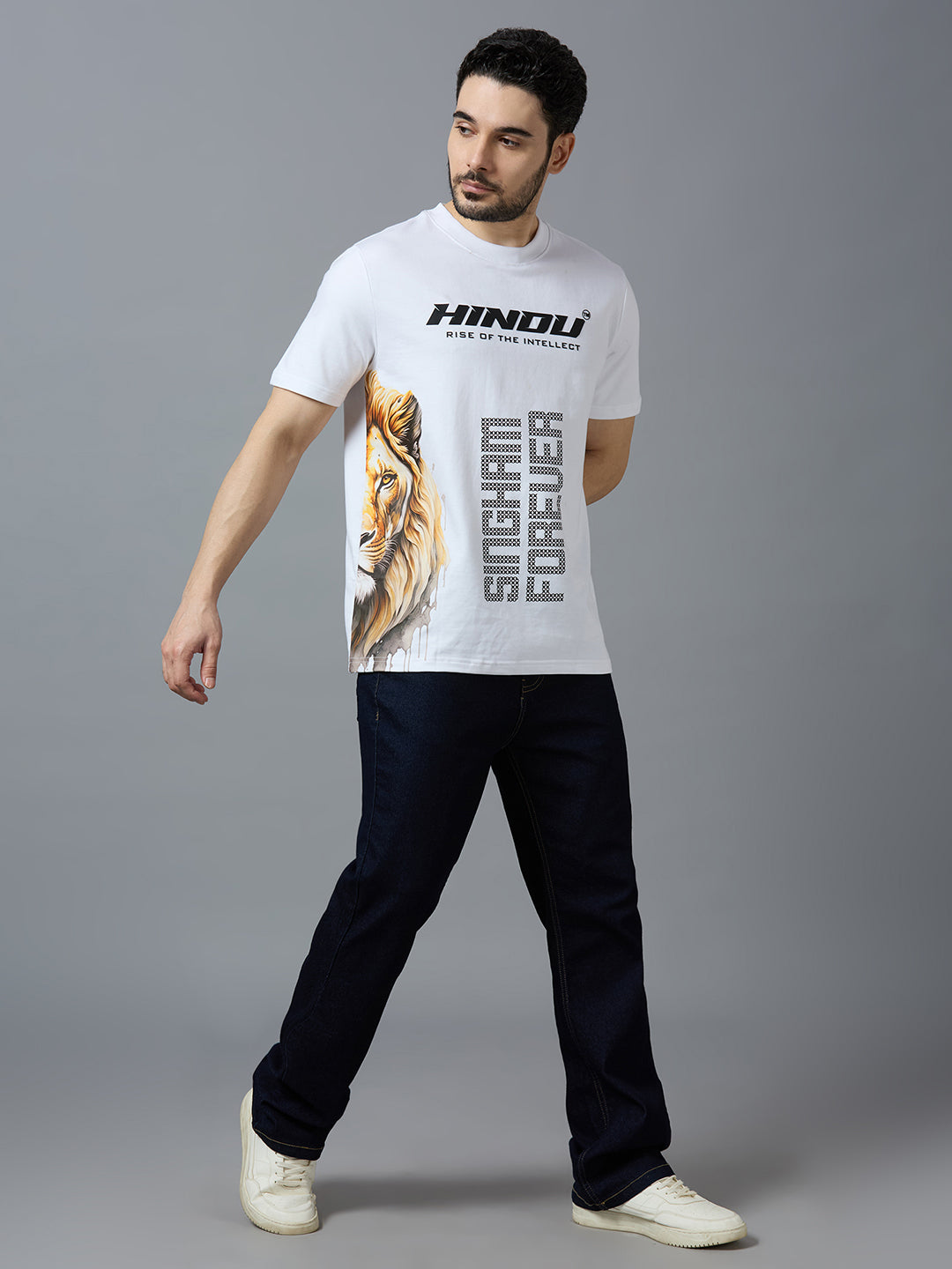 HD WHITE ANIMAL PRINT RIBNECK TSHIRT YELLOW LION