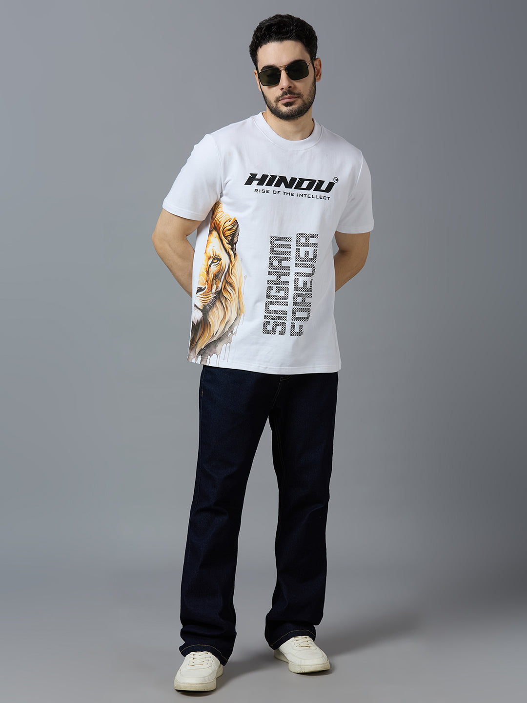 HD WHITE ANIMAL PRINT RIBNECK TSHIRT YELLOW LION