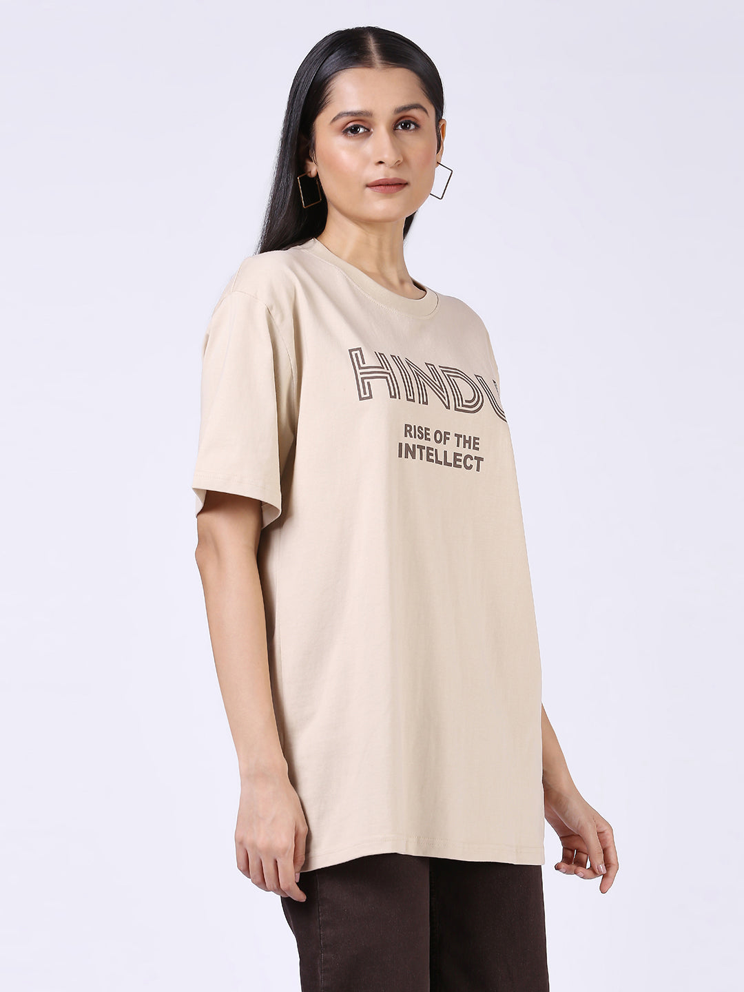 CREAM RIBNECK TSHIRT BLACK PRINT