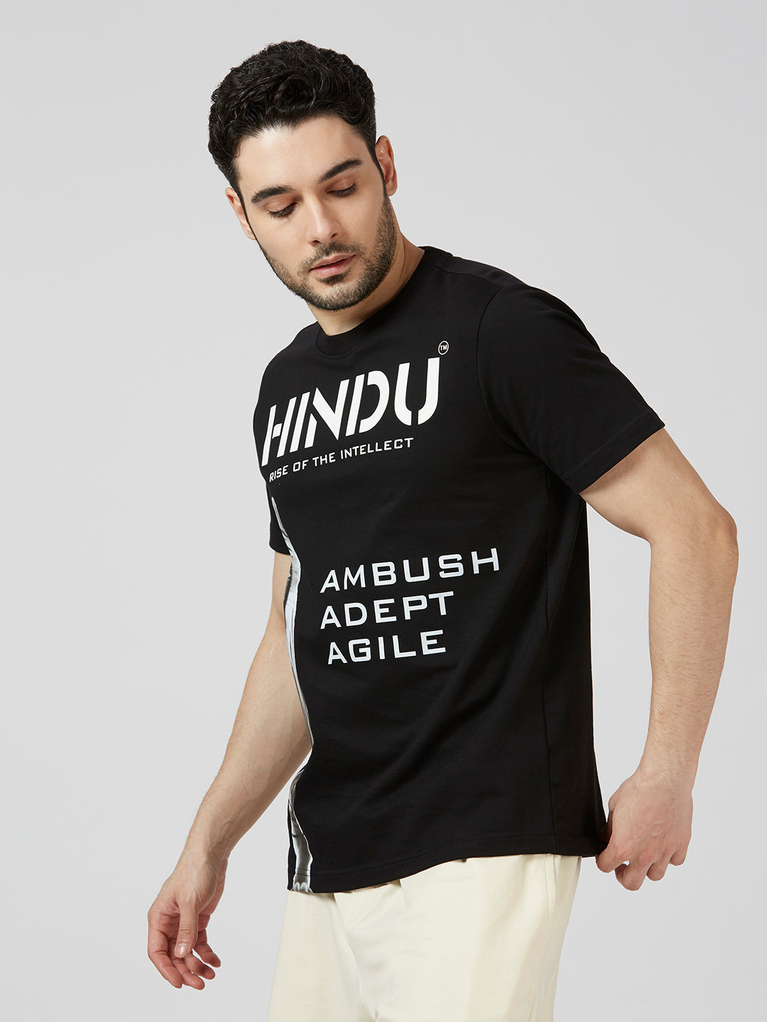 HD PRINT BLACK RIBNECK TSHIRT WITH WHITE TIGER