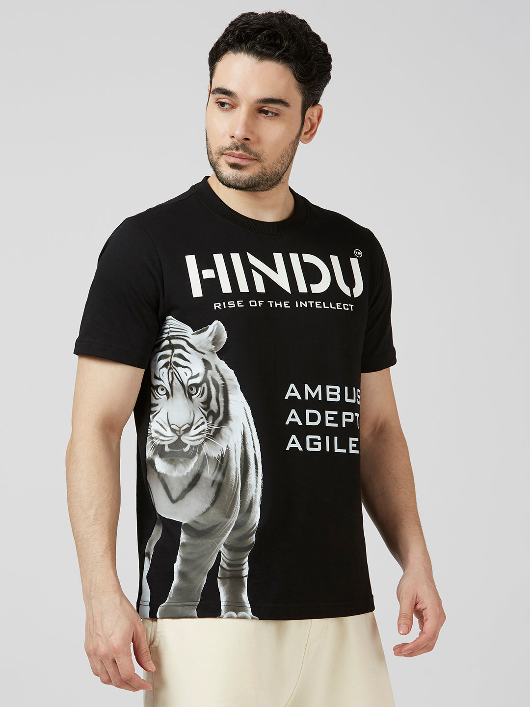 HD PRINT BLACK RIBNECK TSHIRT WITH WHITE TIGER