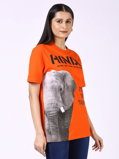HD ANIMAL PRINT ORANGE RIBNECK TSHIRT BLACK ELEPHANT