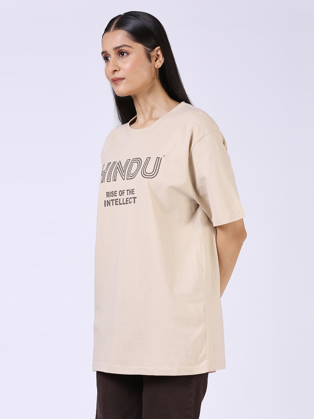 CREAM RIBNECK TSHIRT BLACK PRINT
