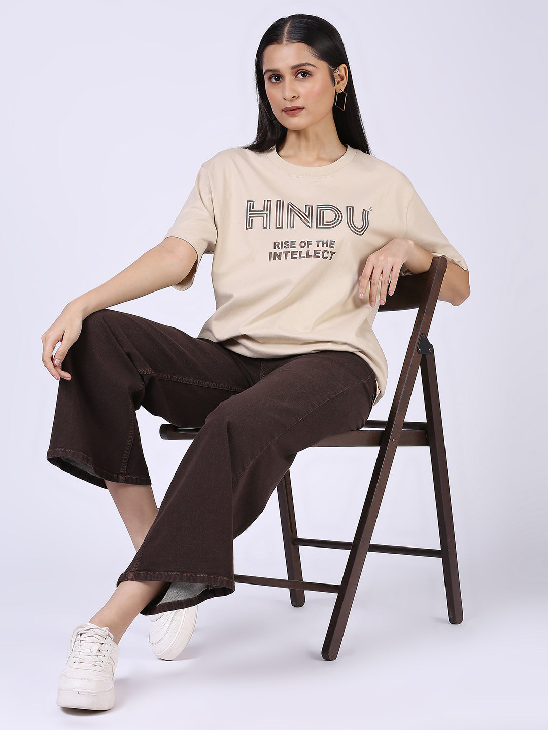 CREAM RIBNECK TSHIRT BLACK PRINT