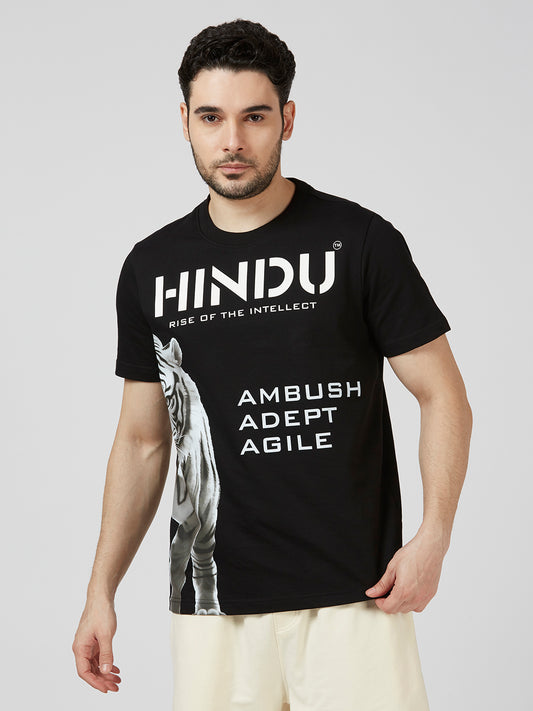 HD PRINT BLACK  RIBNECK TSHIRT WITH WHITE TIGER